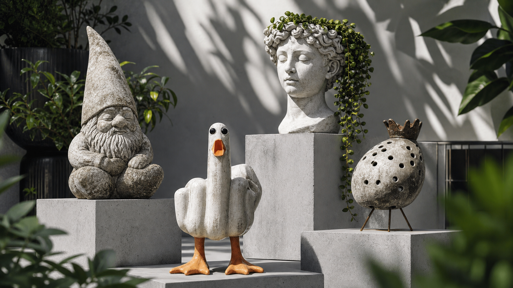Stone garden decor with weathered patina